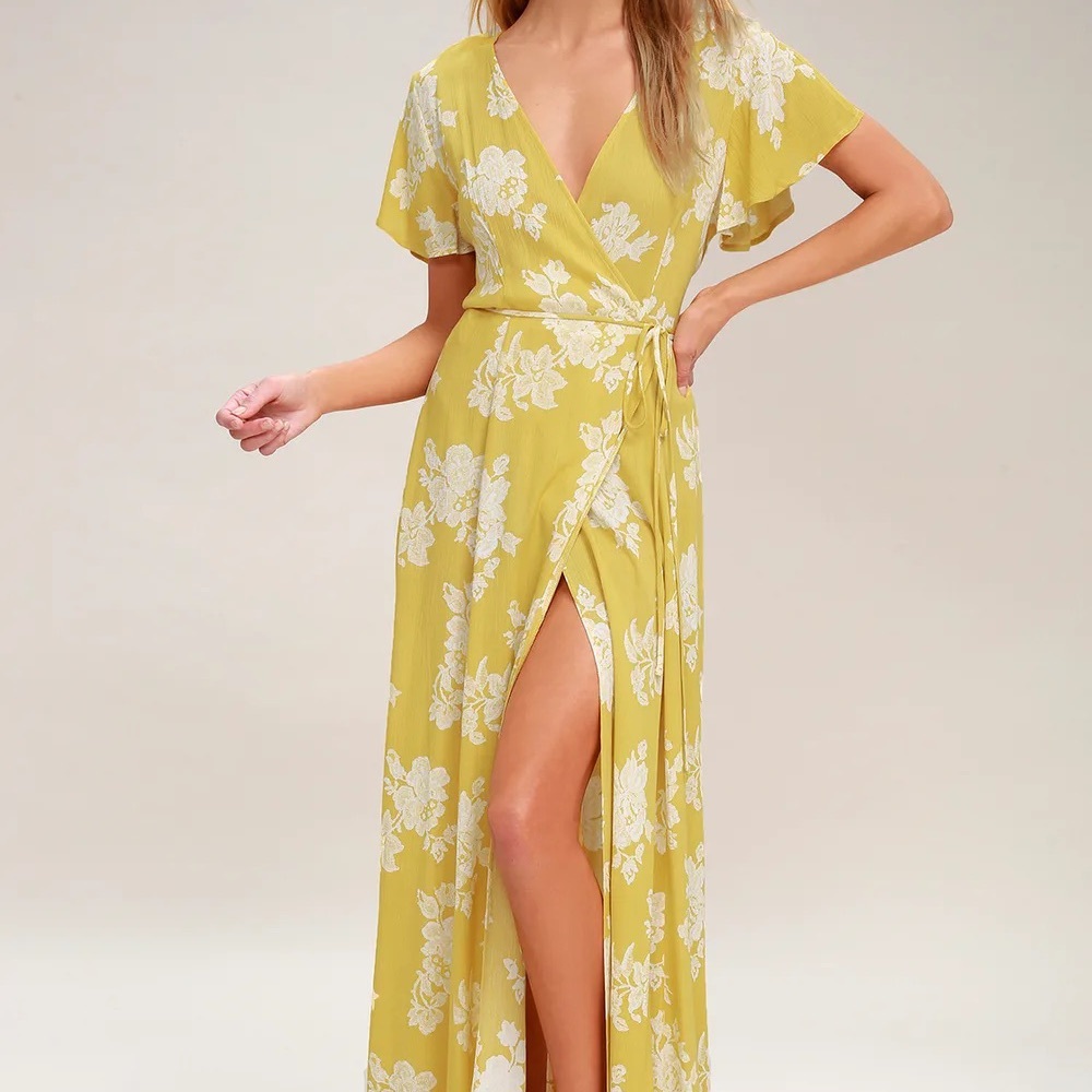 🔥 Lulus Heart of Marigold Yellow Floral Print Wrap Maxi Dress